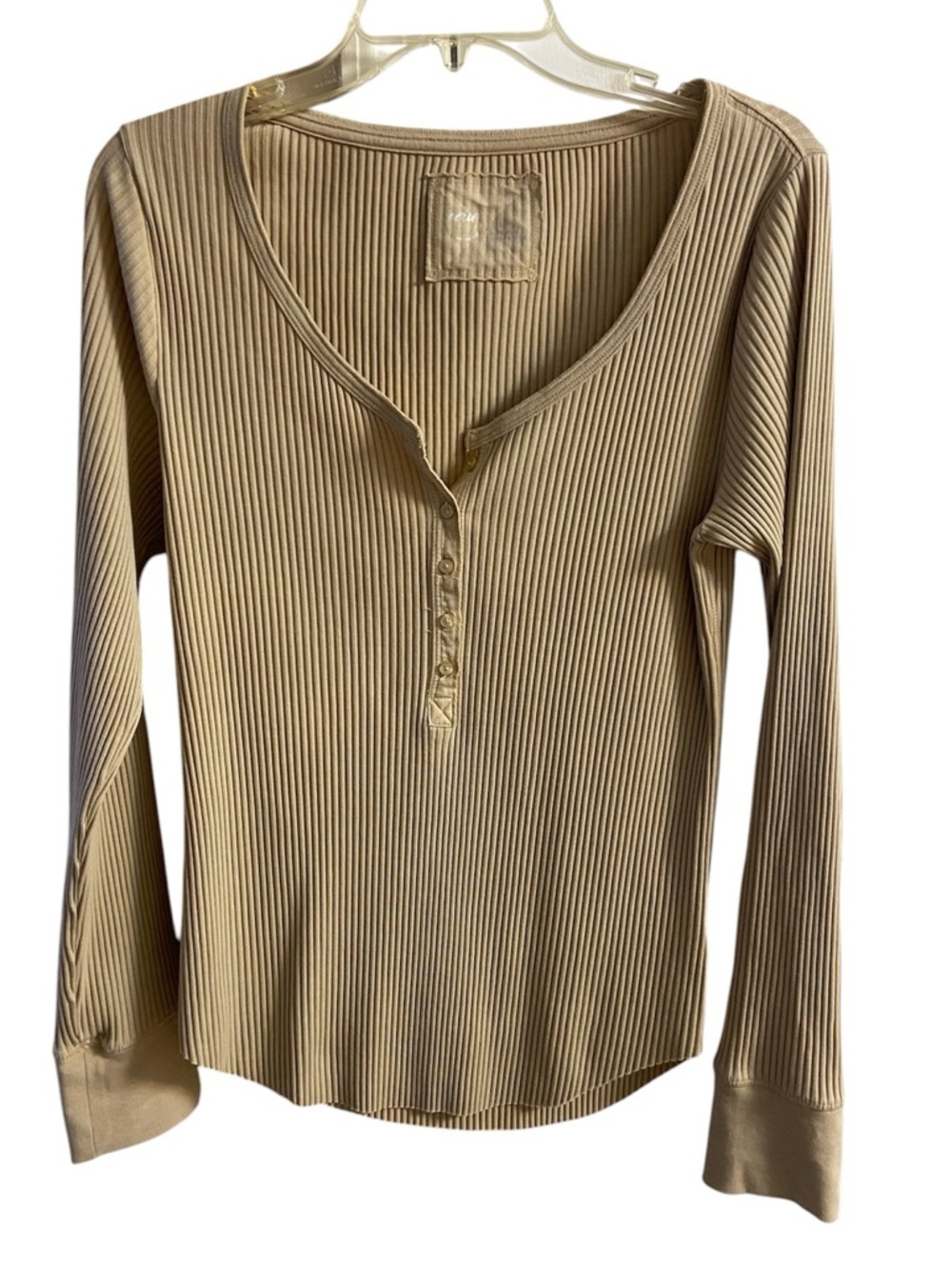 Aerie Ribbed Henley Long Sleeve Top Tan XL NWT